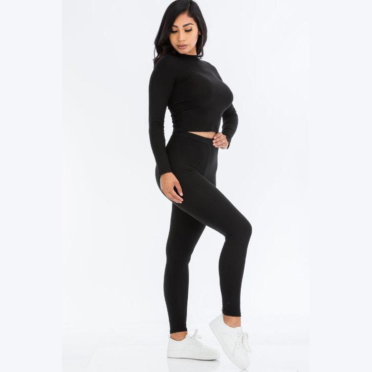 Ribbed Mock Neck Long Sleeve Top & Leggings Set