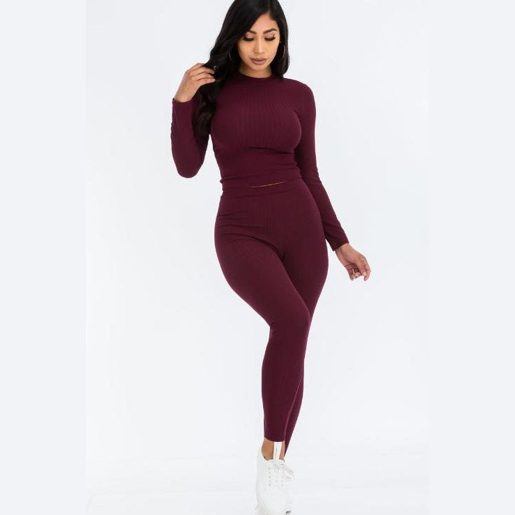 Ribbed Mock Neck Long Sleeve Top & Leggings Set