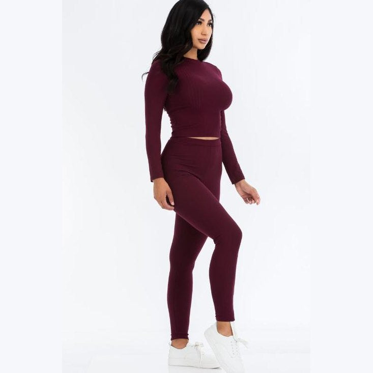 Ribbed Mock Neck Long Sleeve Top & Leggings Set