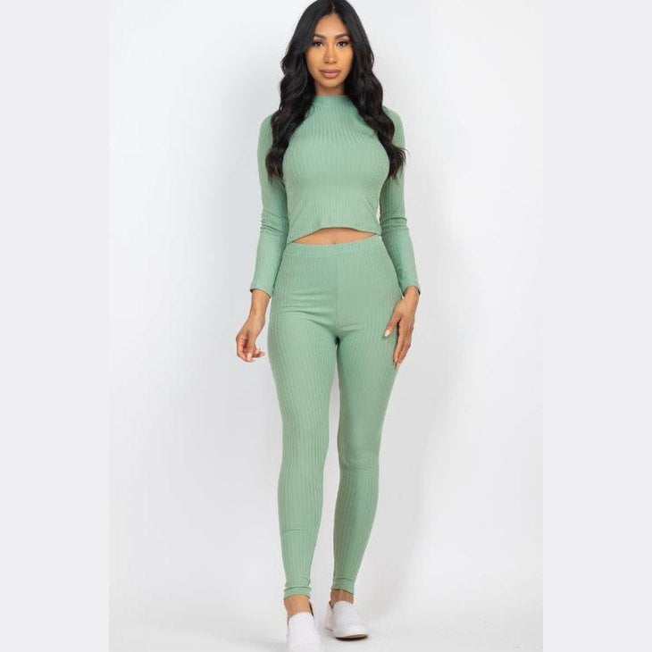 Ribbed Mock Neck Long Sleeve Top & Leggings Set