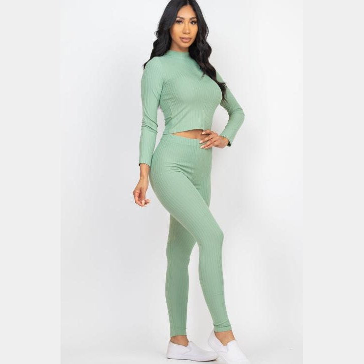 Ribbed Mock Neck Long Sleeve Top & Leggings Set
