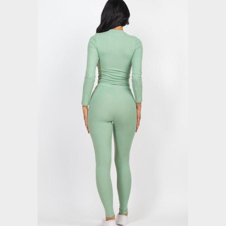 Ribbed Mock Neck Long Sleeve Top & Leggings Set