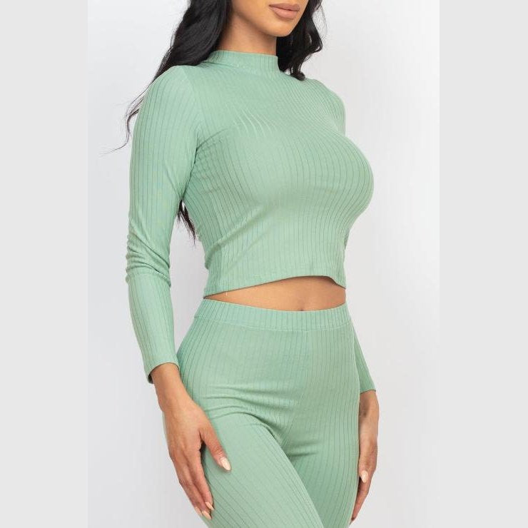 Ribbed Mock Neck Long Sleeve Top & Leggings Set