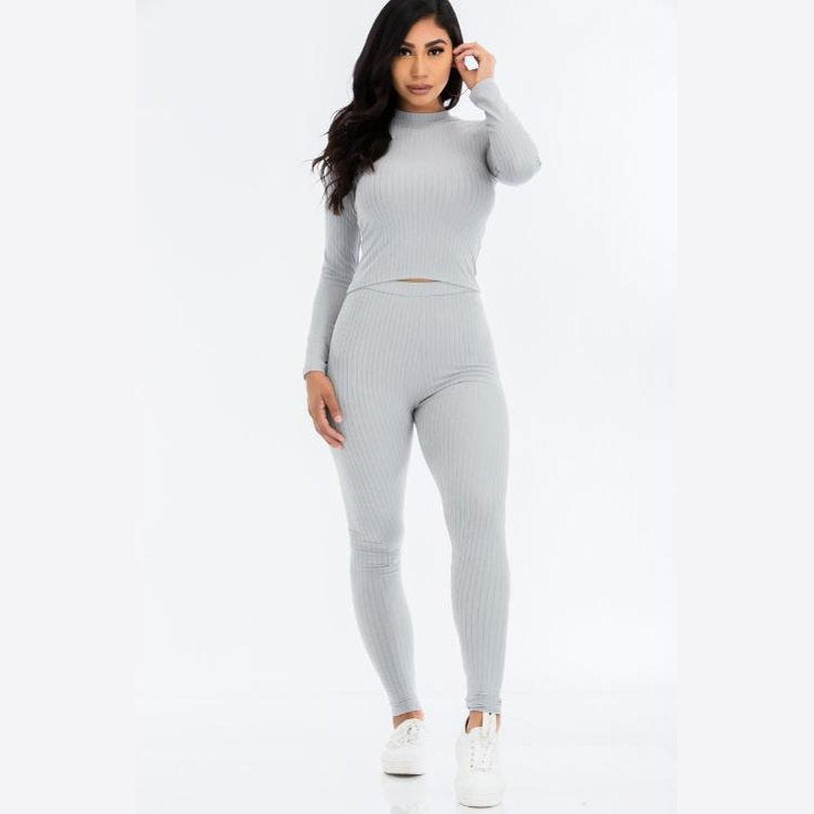 Ribbed Mock Neck Long Sleeve Top & Leggings Set