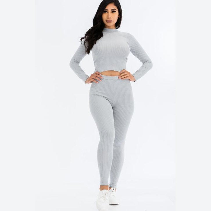 Ribbed Mock Neck Long Sleeve Top & Leggings Set