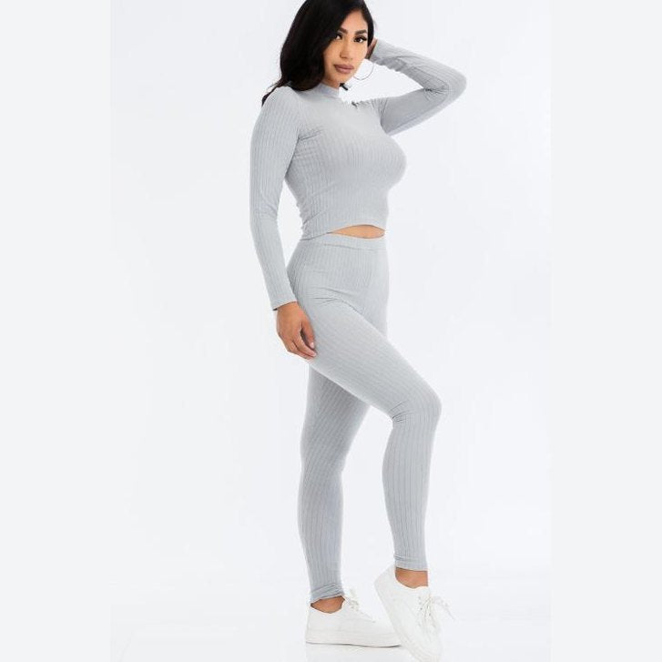 Ribbed Mock Neck Long Sleeve Top & Leggings Set
