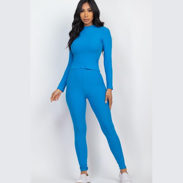 Ribbed Mock Neck Long Sleeve Top & Leggings Set