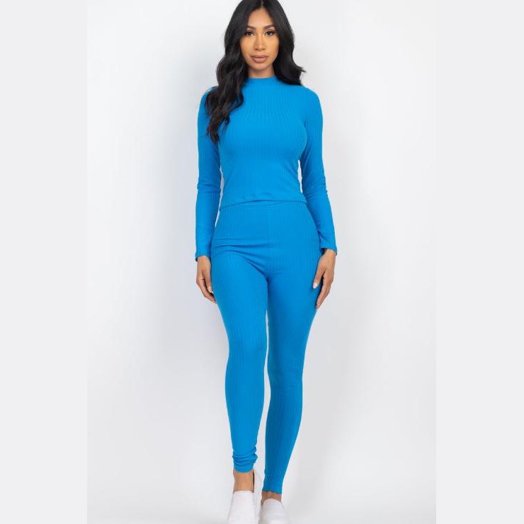 Ribbed Mock Neck Long Sleeve Top & Leggings Set