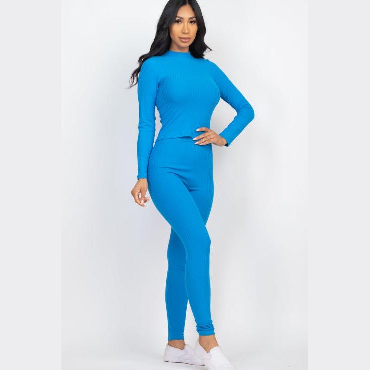 Ribbed Mock Neck Long Sleeve Top & Leggings Set