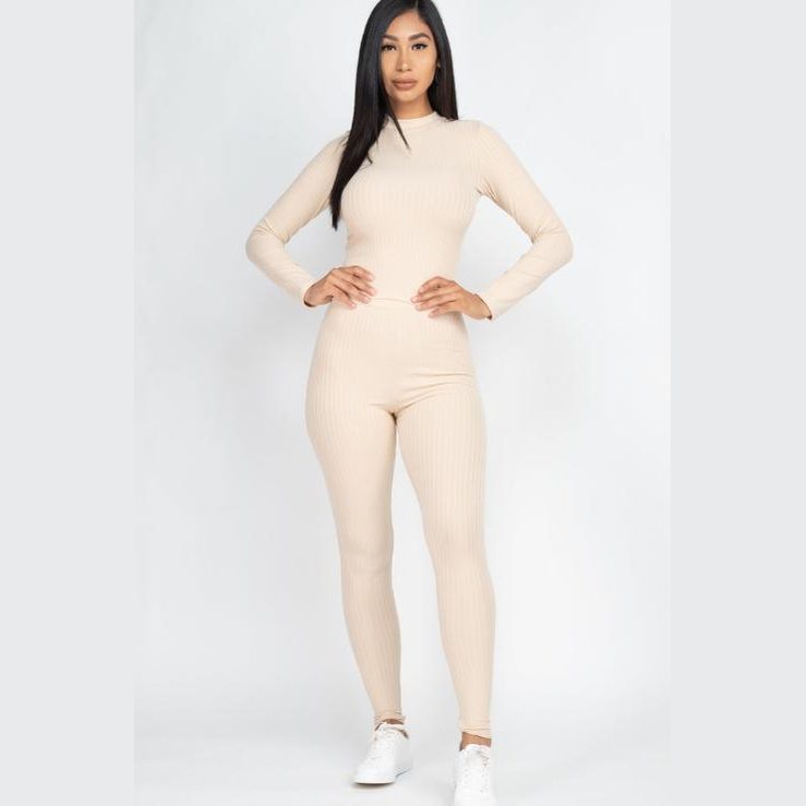 Ribbed Mock Neck Long Sleeve Top & Leggings Set