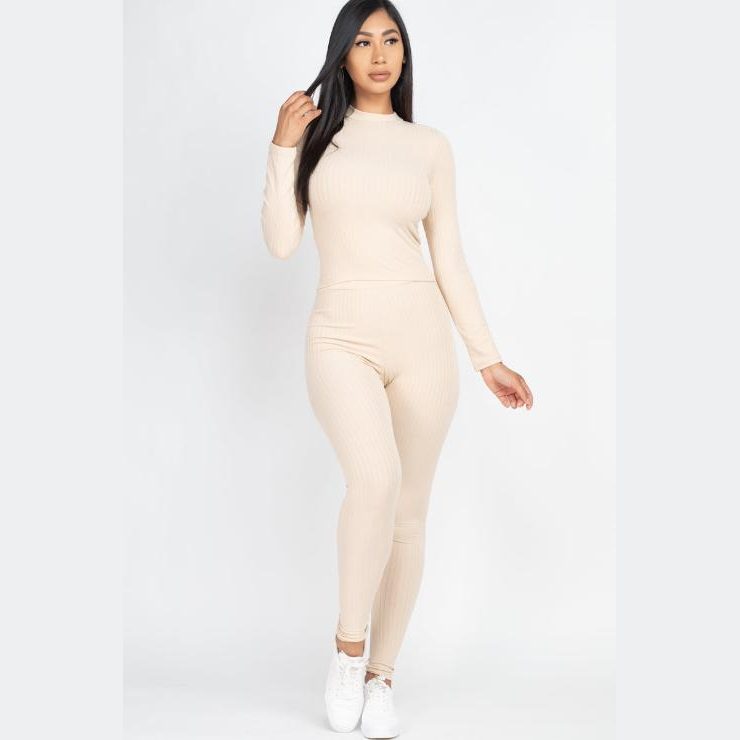 Ribbed Mock Neck Long Sleeve Top & Leggings Set