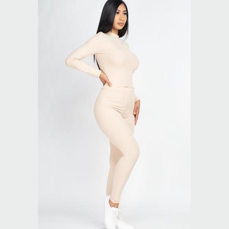 Ribbed Mock Neck Long Sleeve Top & Leggings Set