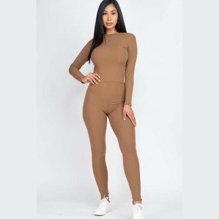 Ribbed Mock Neck Long Sleeve Top & Leggings Set