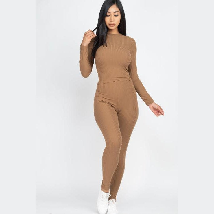 Ribbed Mock Neck Long Sleeve Top & Leggings Set
