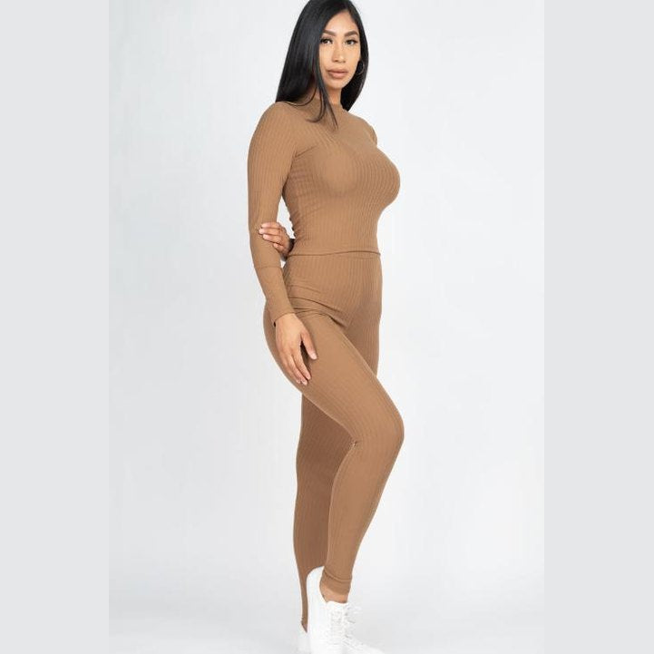 Ribbed Mock Neck Long Sleeve Top & Leggings Set