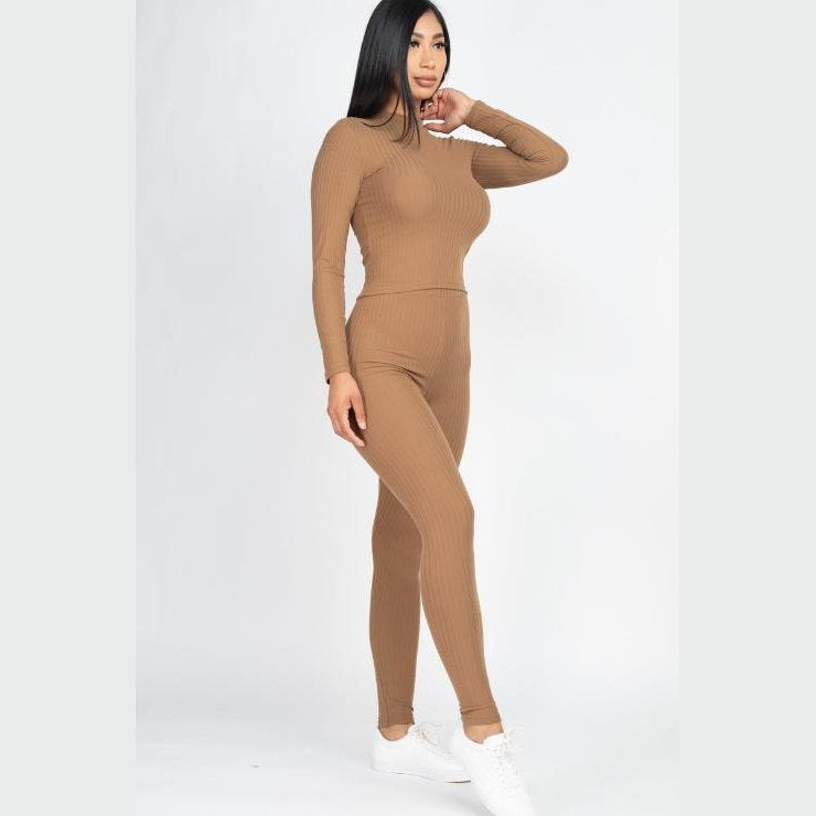 Ribbed Mock Neck Long Sleeve Top & Leggings Set
