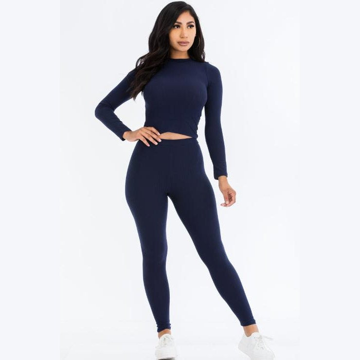 Ribbed Mock Neck Long Sleeve Top & Leggings Set