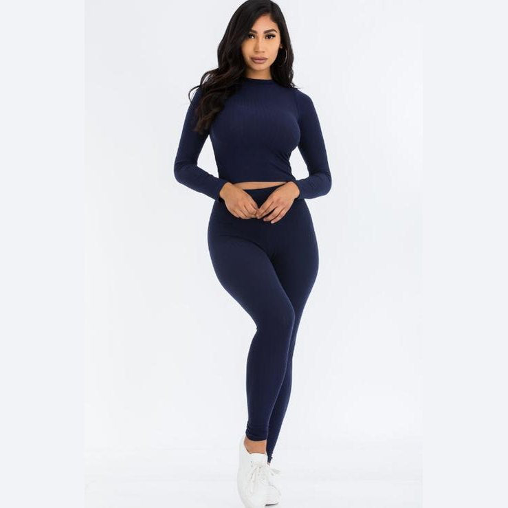 Ribbed Mock Neck Long Sleeve Top & Leggings Set