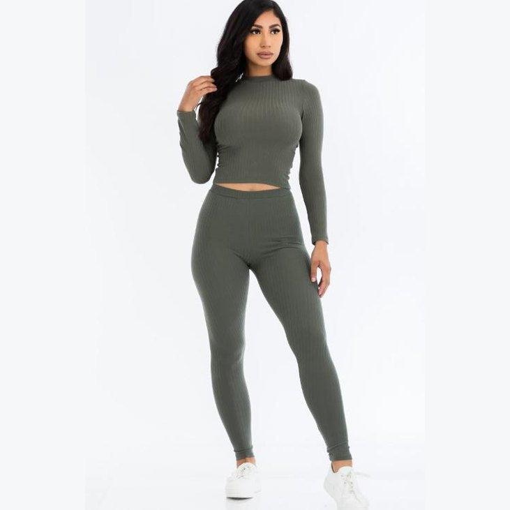 Ribbed Mock Neck Long Sleeve Top & Leggings Set