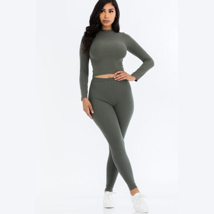 Ribbed Mock Neck Long Sleeve Top & Leggings Set