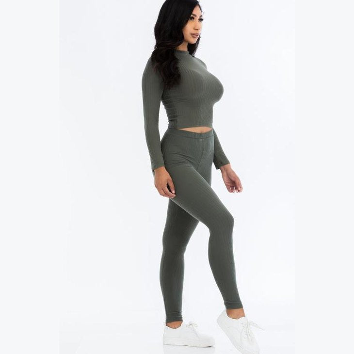 Ribbed Mock Neck Long Sleeve Top & Leggings Set