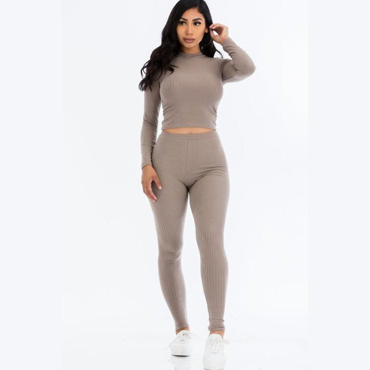 Ribbed Mock Neck Long Sleeve Top & Leggings Set