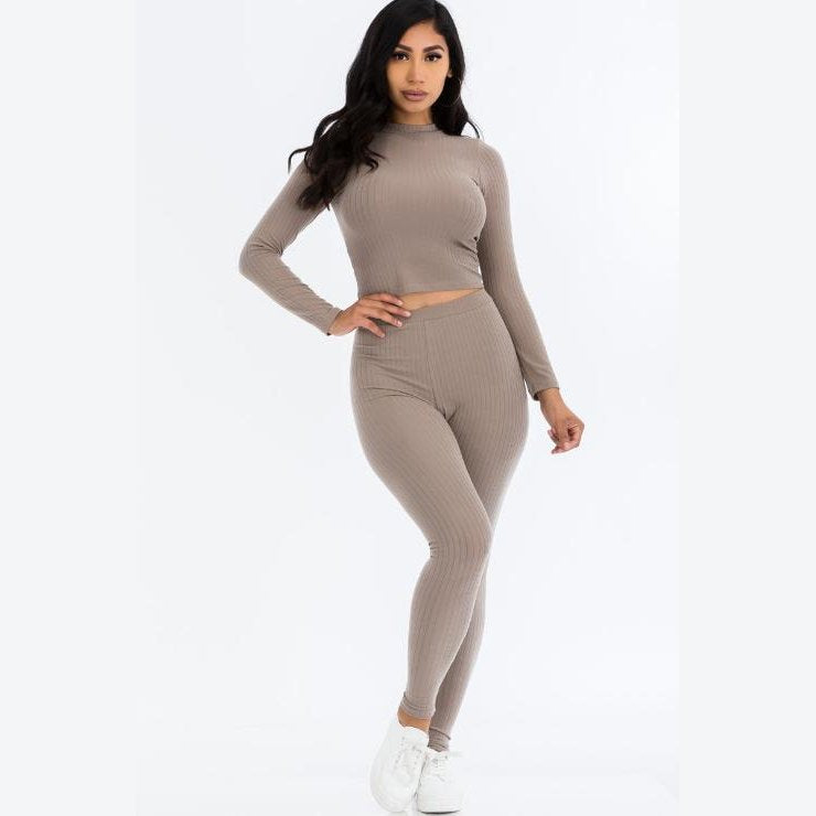 Ribbed Mock Neck Long Sleeve Top & Leggings Set