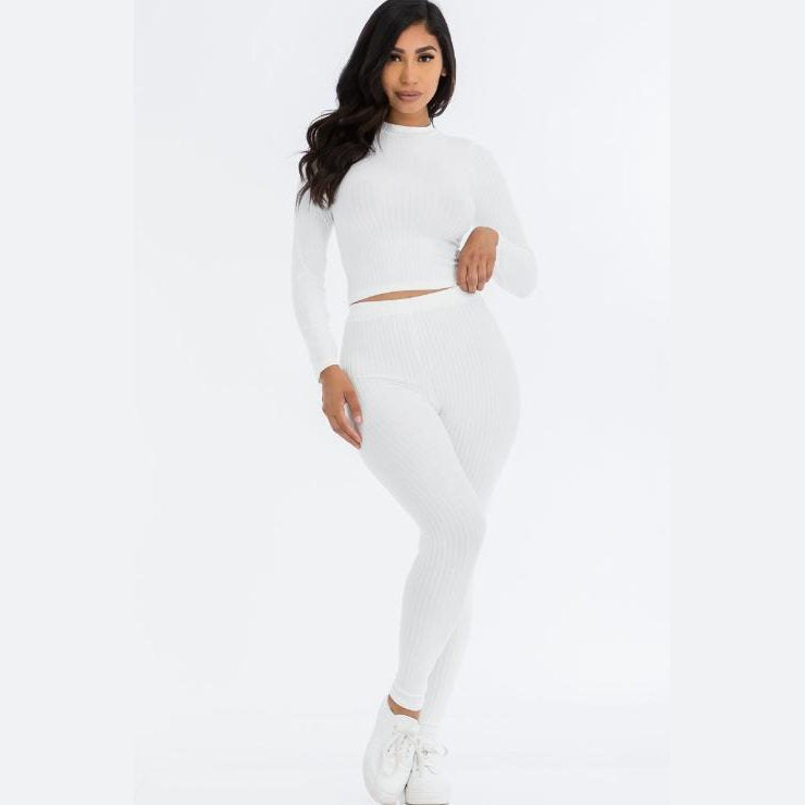 Ribbed Mock Neck Long Sleeve Top & Leggings Set