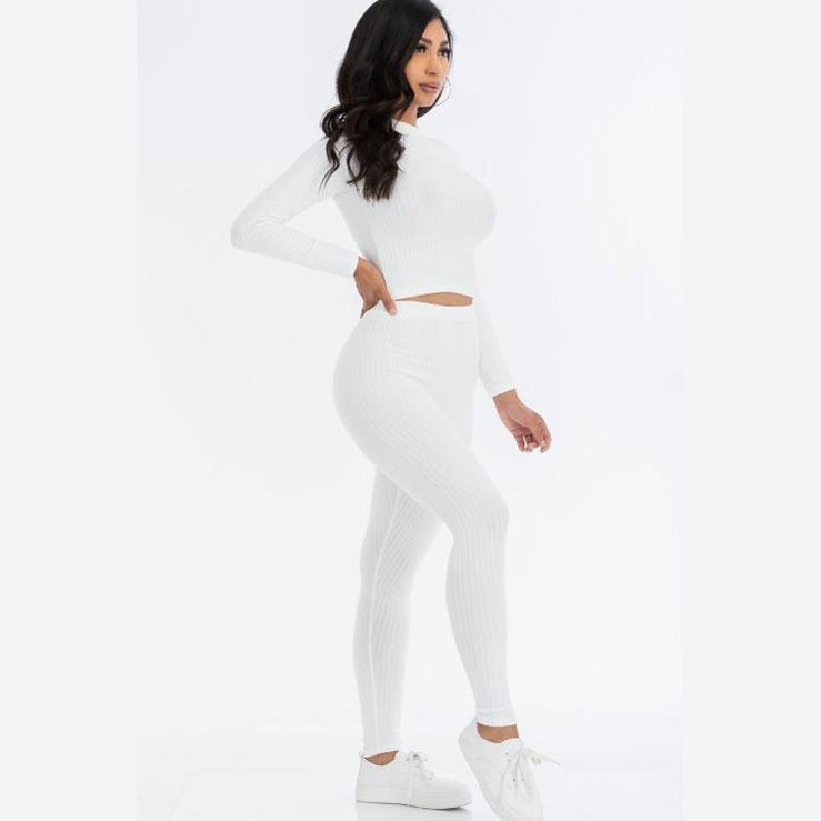Ribbed Mock Neck Long Sleeve Top & Leggings Set