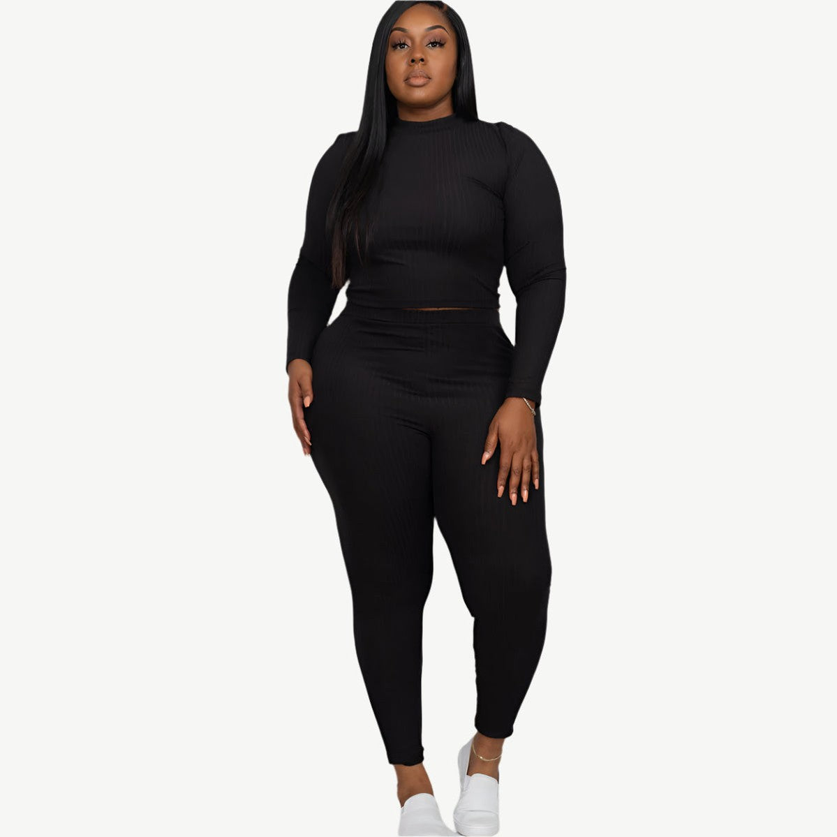 Plus Size Ribbed Mock Neck Long Sleeve Top & Leggings Set