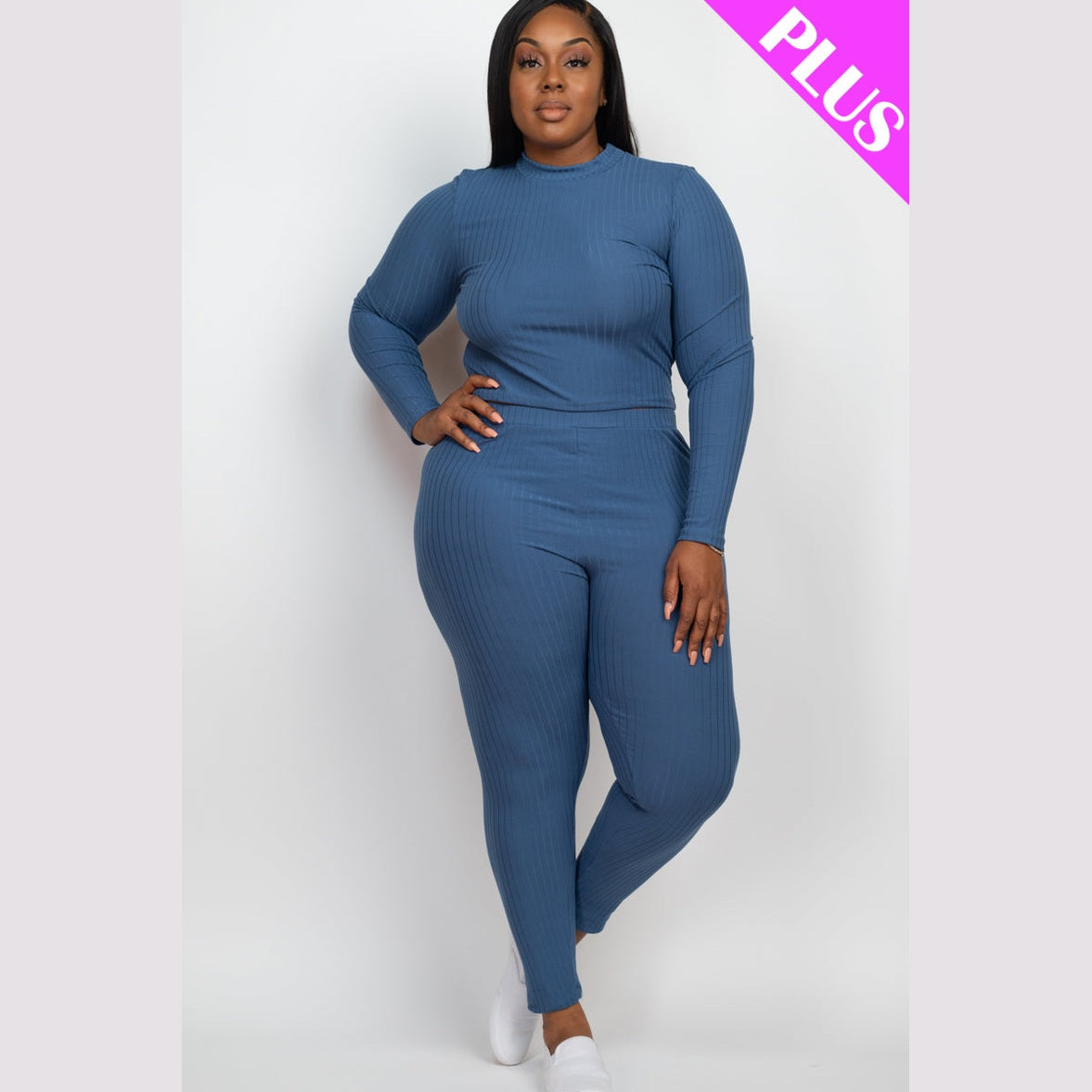 Plus Size Ribbed Mock Neck Long Sleeve Top & Leggings Set