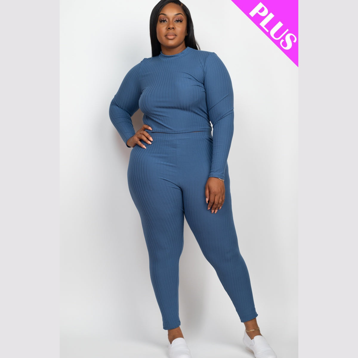 Plus Size Ribbed Mock Neck Long Sleeve Top & Leggings Set