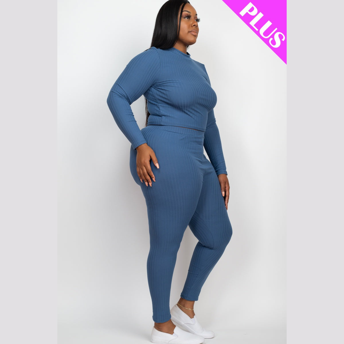 Plus Size Ribbed Mock Neck Long Sleeve Top & Leggings Set