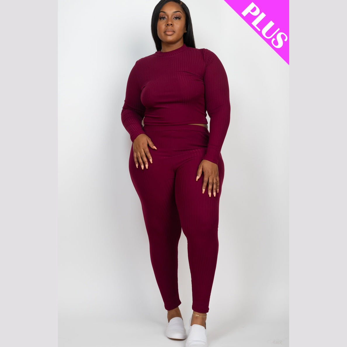 Plus Size Ribbed Mock Neck Long Sleeve Top & Leggings Set