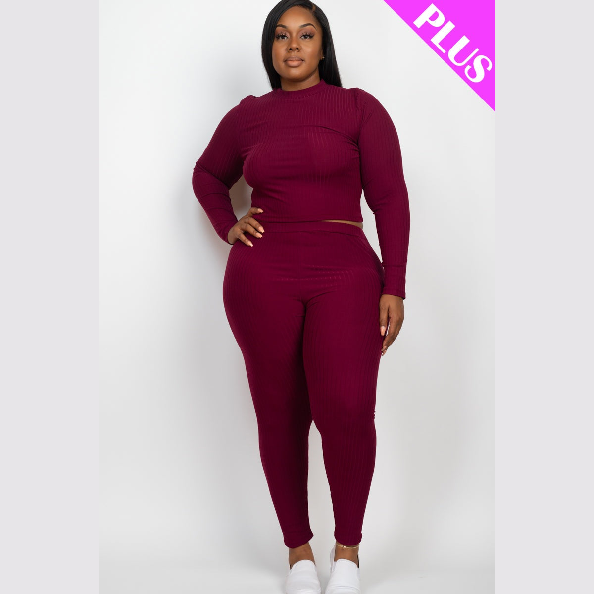Plus Size Ribbed Mock Neck Long Sleeve Top & Leggings Set