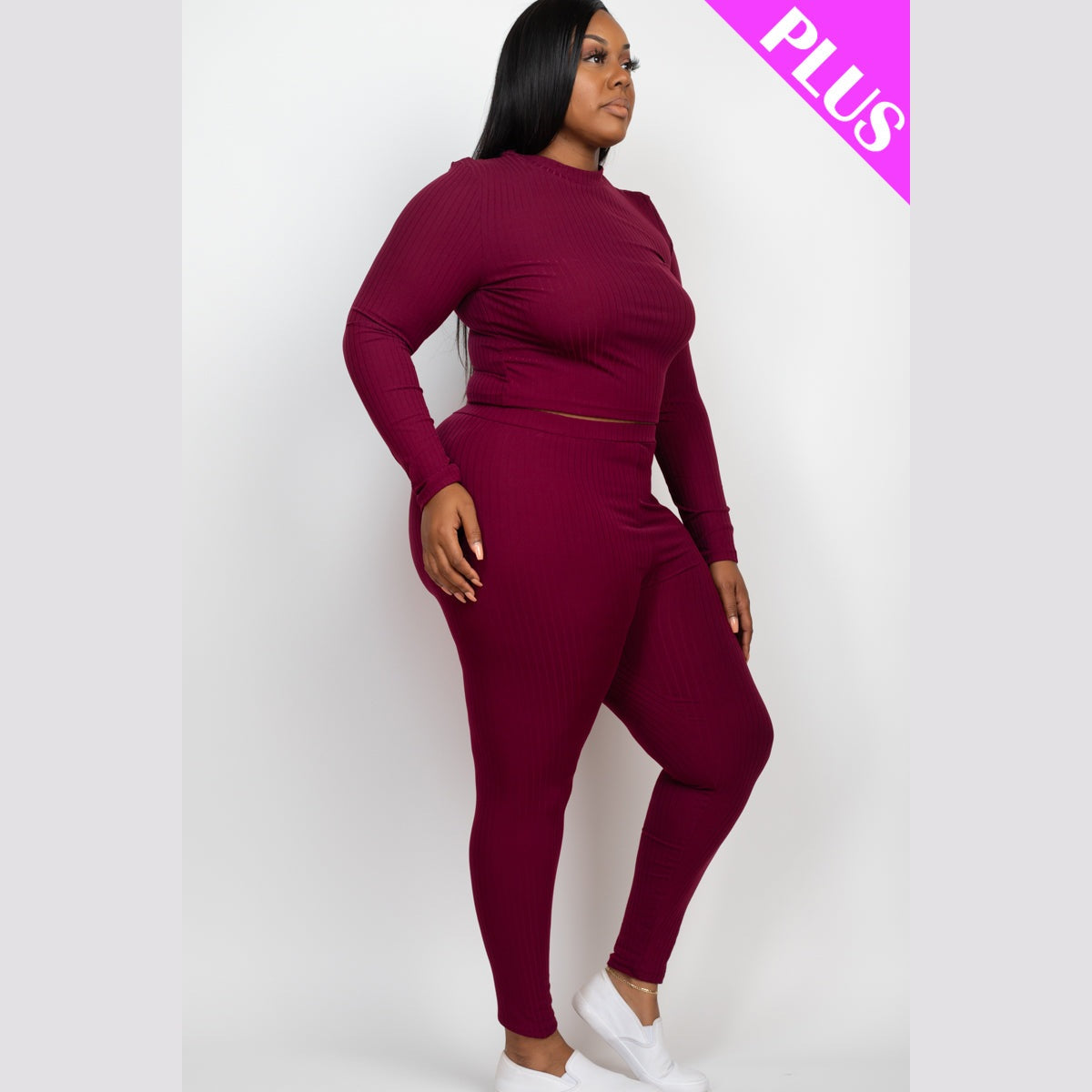 Plus Size Ribbed Mock Neck Long Sleeve Top & Leggings Set