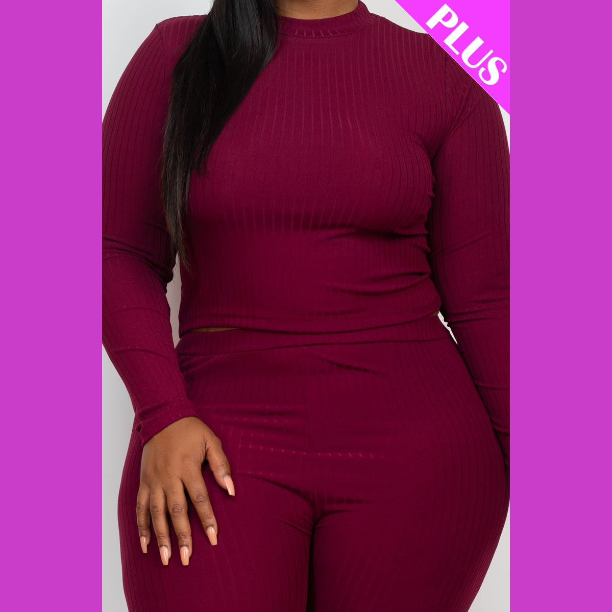 Plus Size Ribbed Mock Neck Long Sleeve Top & Leggings Set