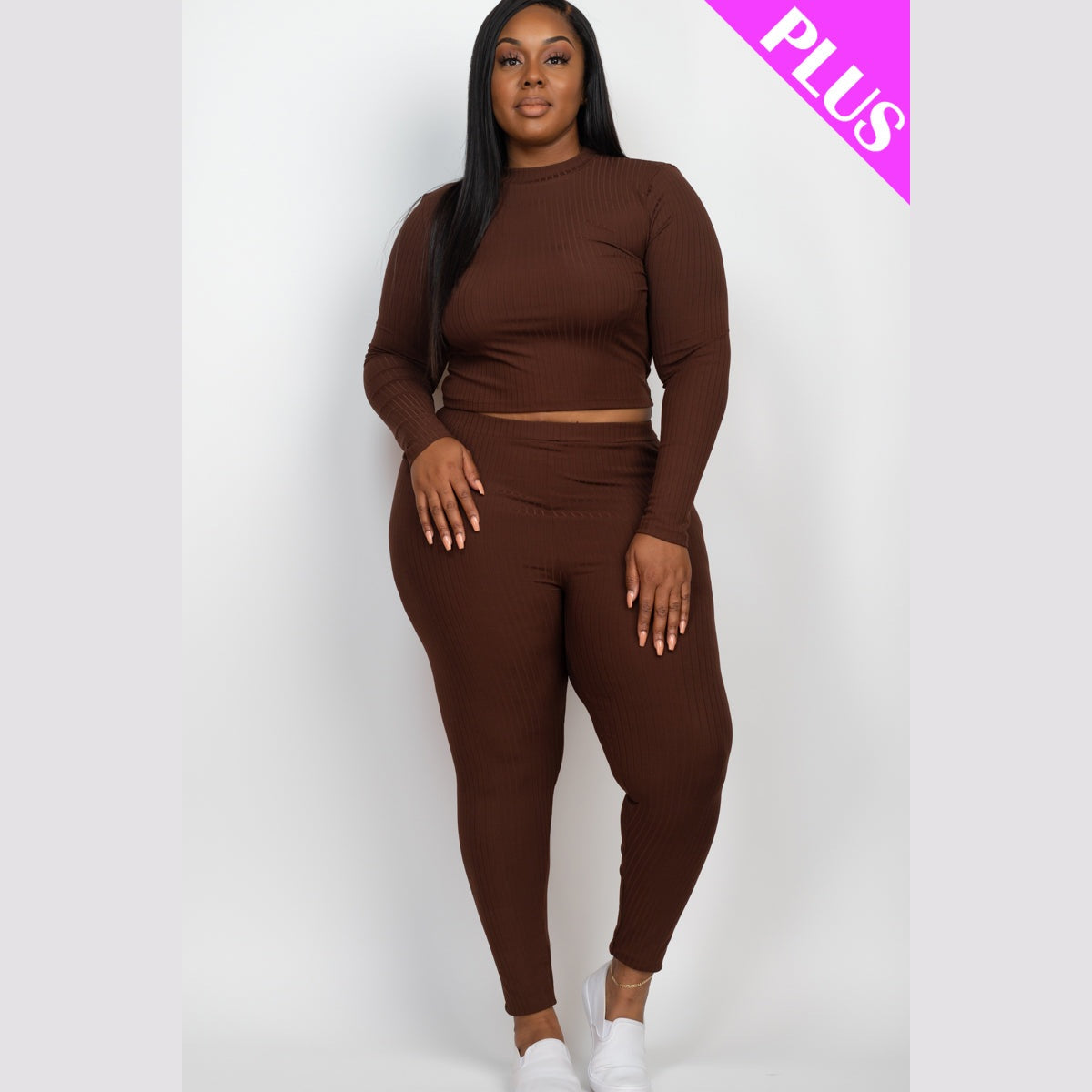 Plus Size Ribbed Mock Neck Long Sleeve Top & Leggings Set