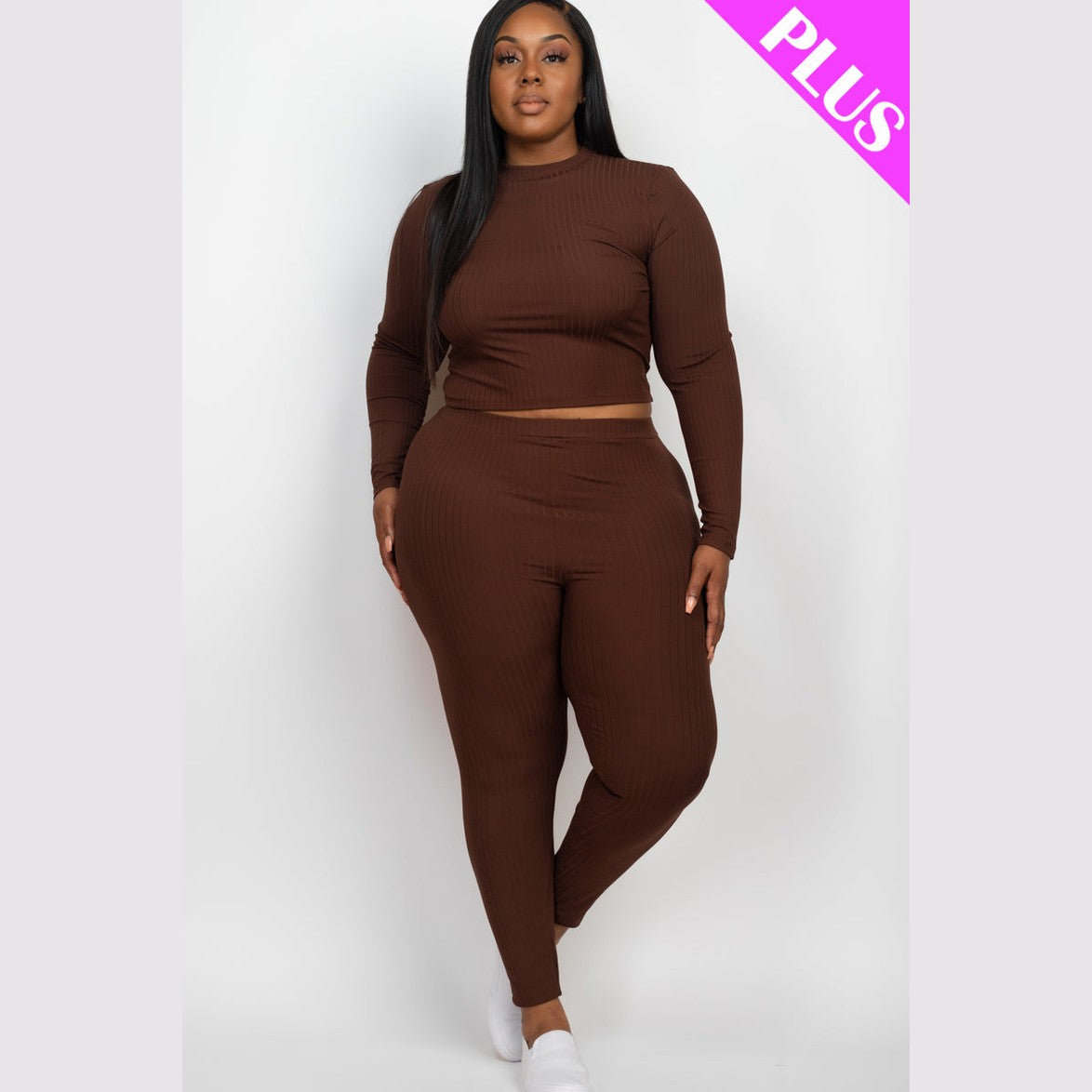 Plus Size Ribbed Mock Neck Long Sleeve Top & Leggings Set