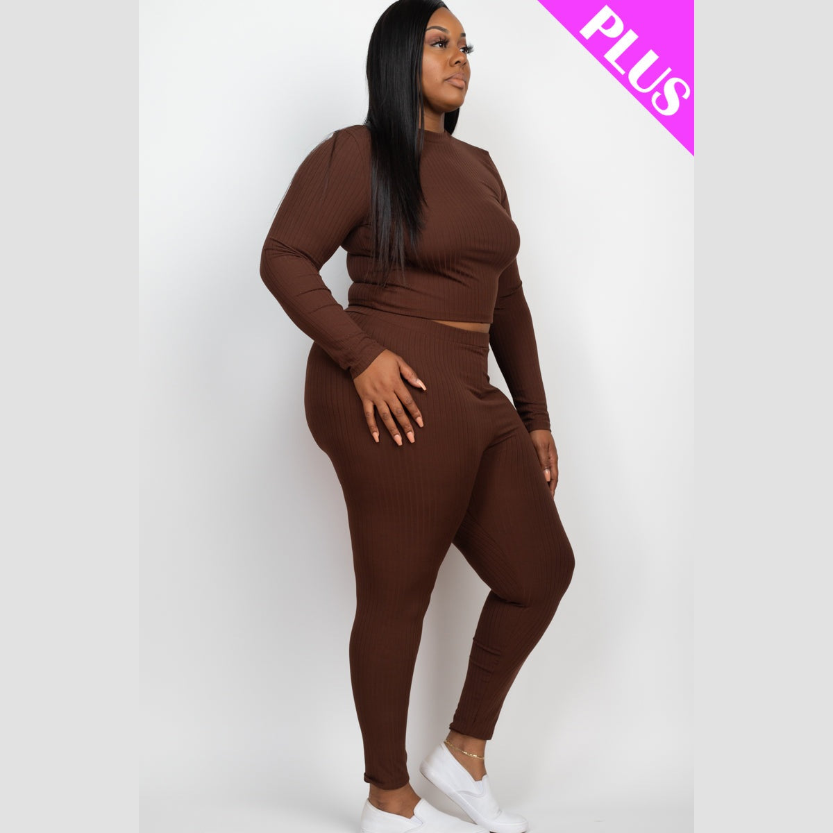 Plus Size Ribbed Mock Neck Long Sleeve Top & Leggings Set
