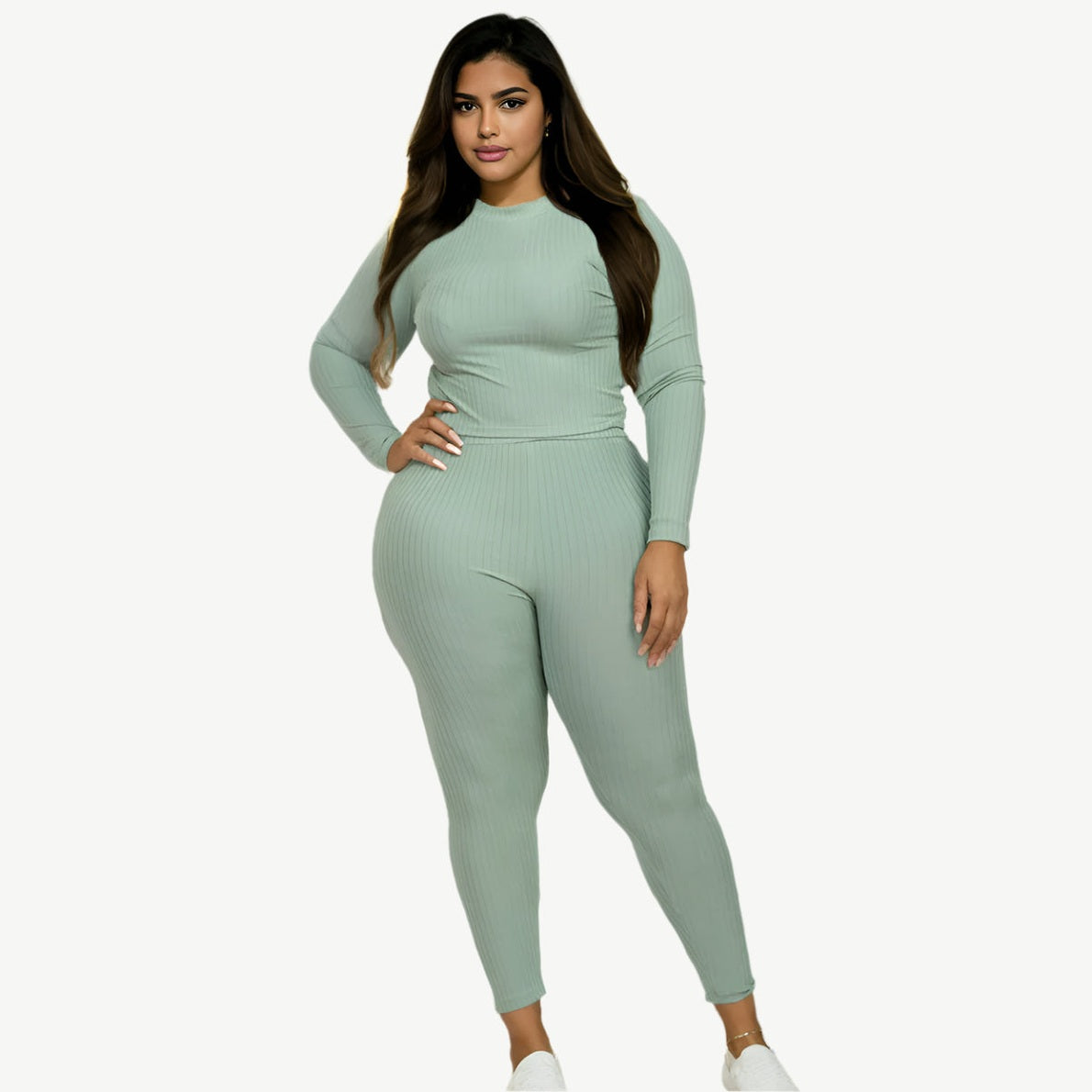 Plus Size Ribbed Mock Neck Long Sleeve Top & Leggings Set