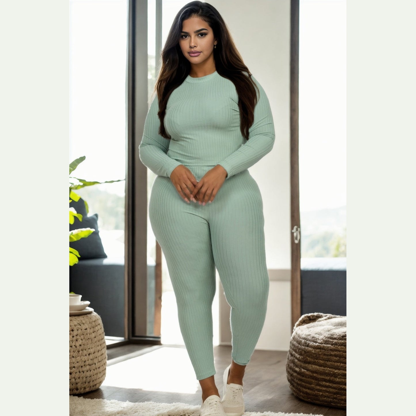 Plus Size Ribbed Mock Neck Long Sleeve Top & Leggings Set