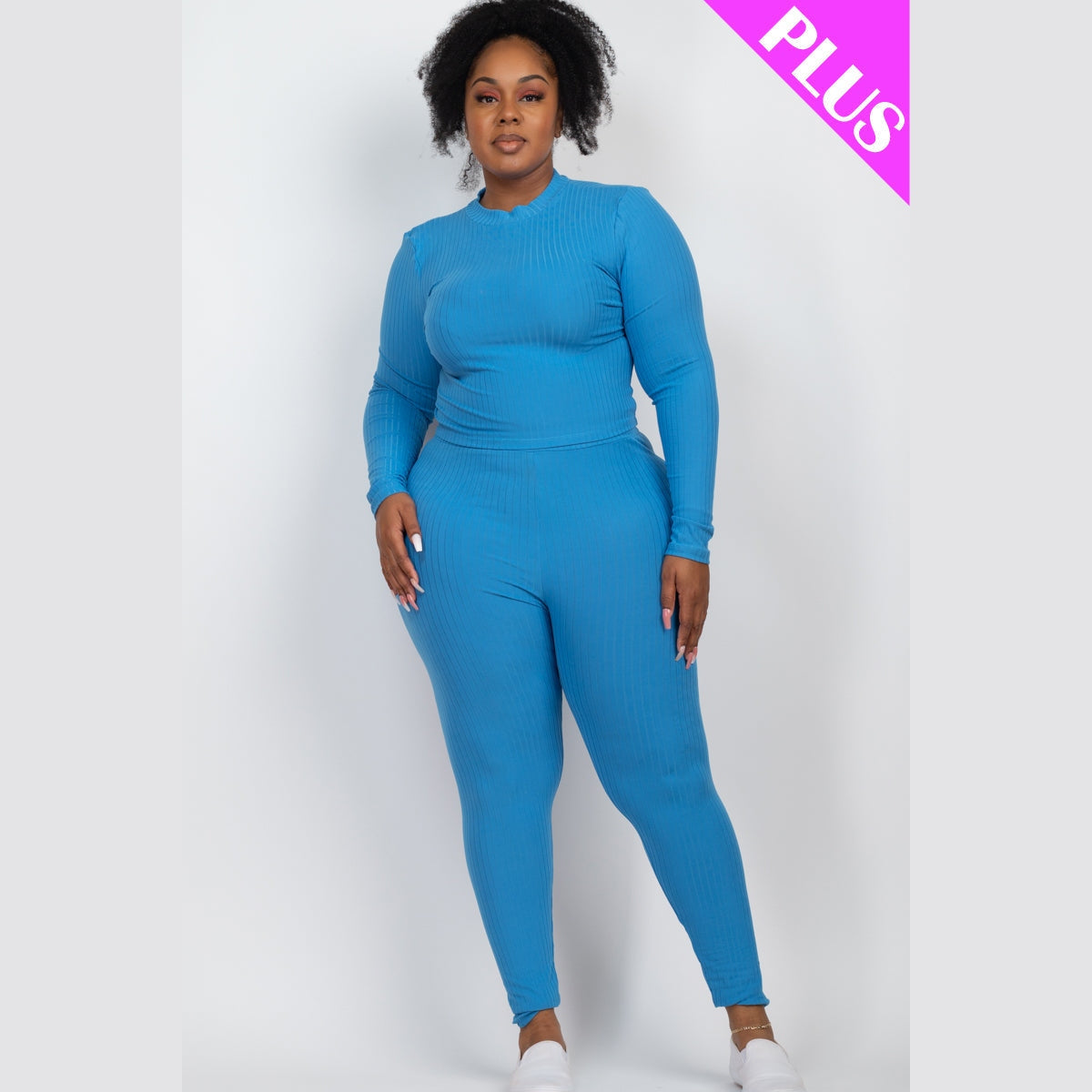 Plus Size Ribbed Mock Neck Long Sleeve Top & Leggings Set