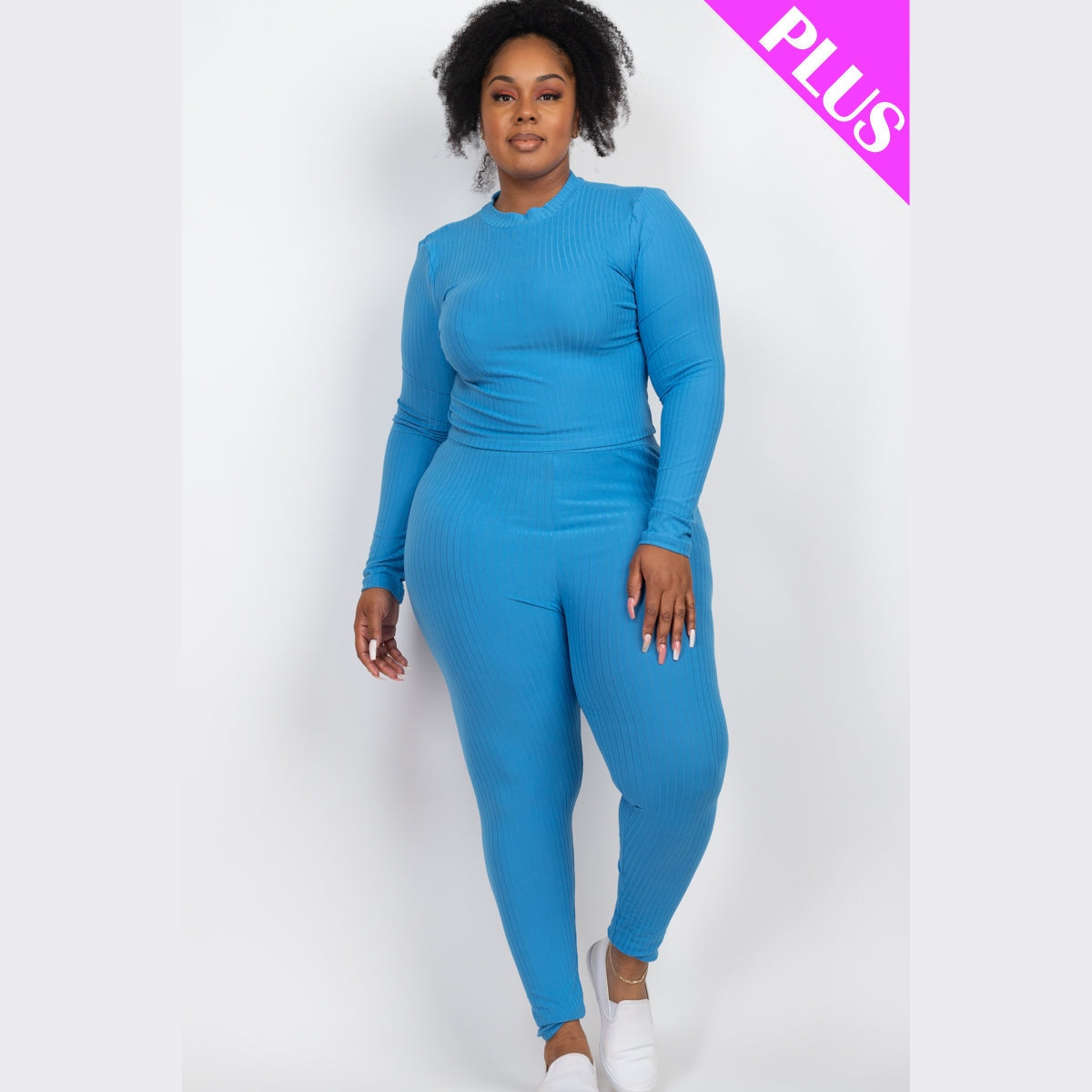 Plus Size Ribbed Mock Neck Long Sleeve Top & Leggings Set