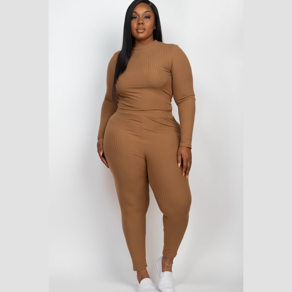 Plus Size Ribbed Mock Neck Long Sleeve Top & Leggings Set