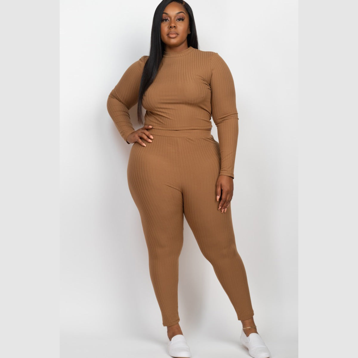 Plus Size Ribbed Mock Neck Long Sleeve Top & Leggings Set