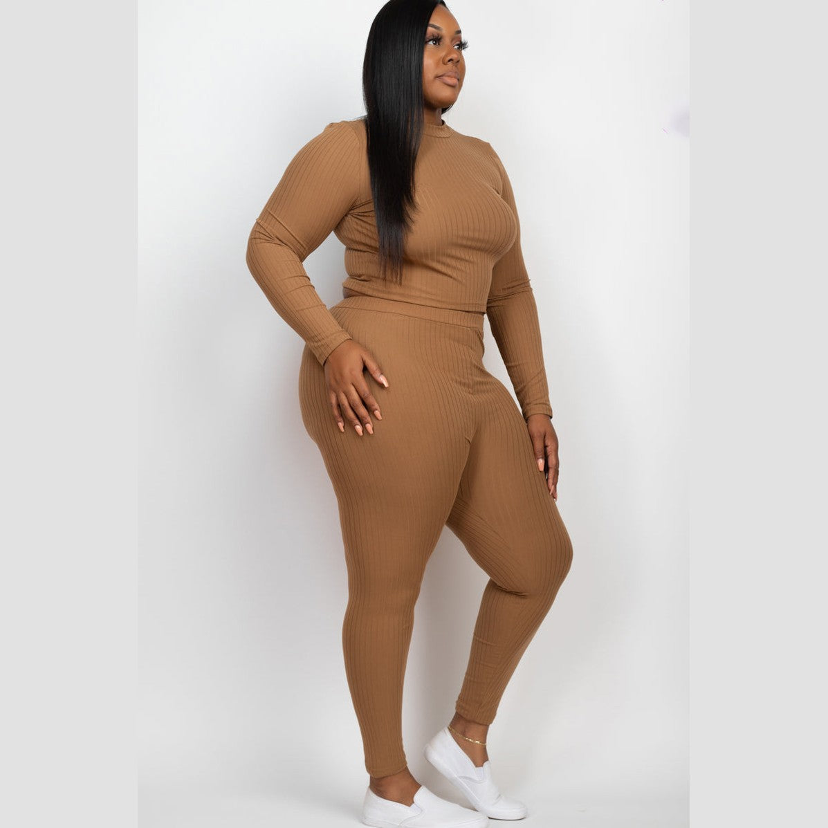 Plus Size Ribbed Mock Neck Long Sleeve Top & Leggings Set
