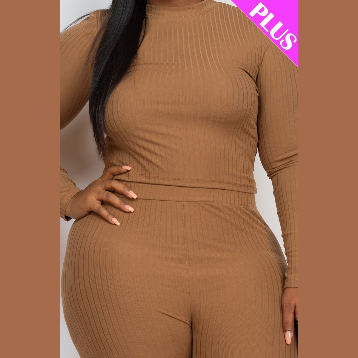 Plus Size Ribbed Mock Neck Long Sleeve Top & Leggings Set
