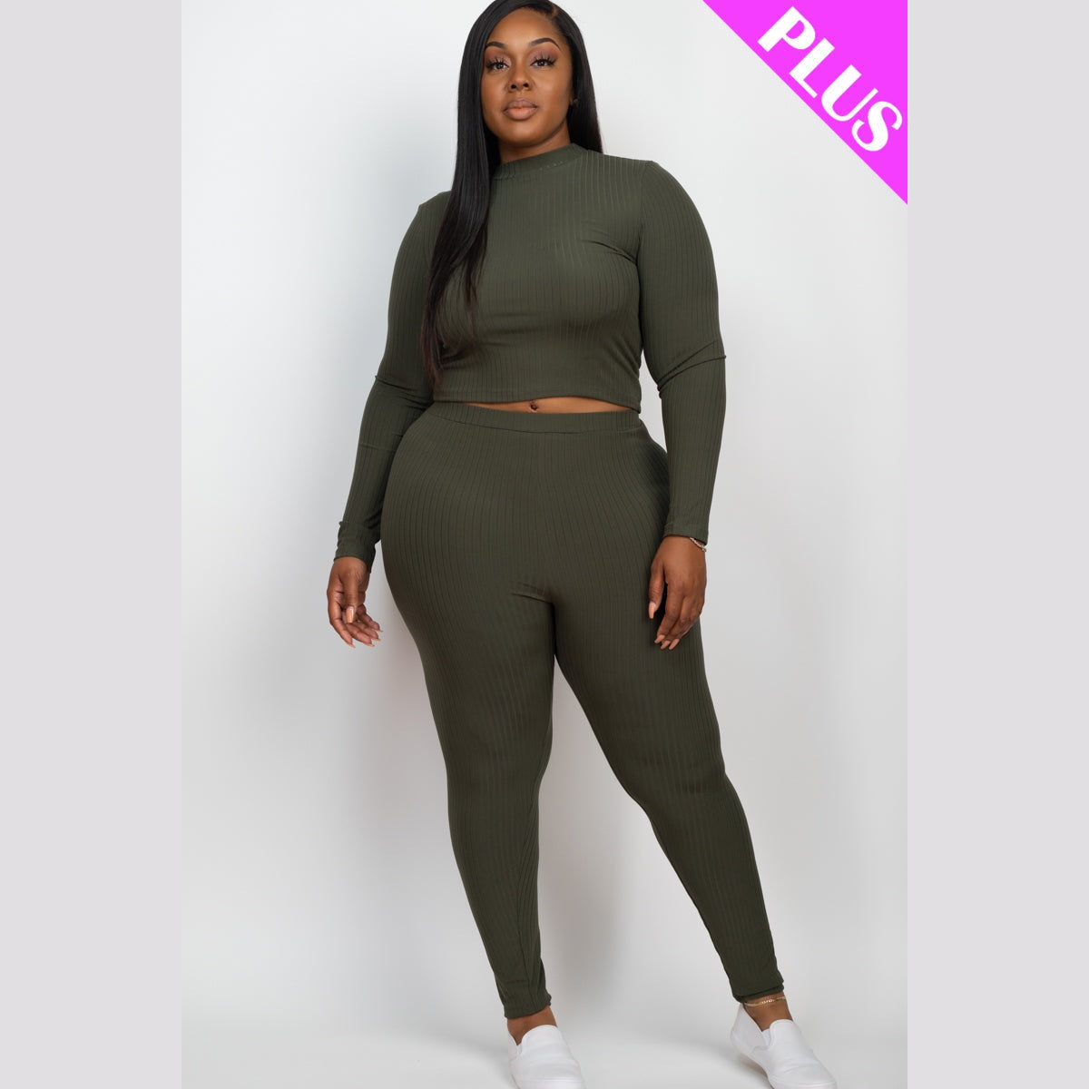Plus Size Ribbed Mock Neck Long Sleeve Top & Leggings Set