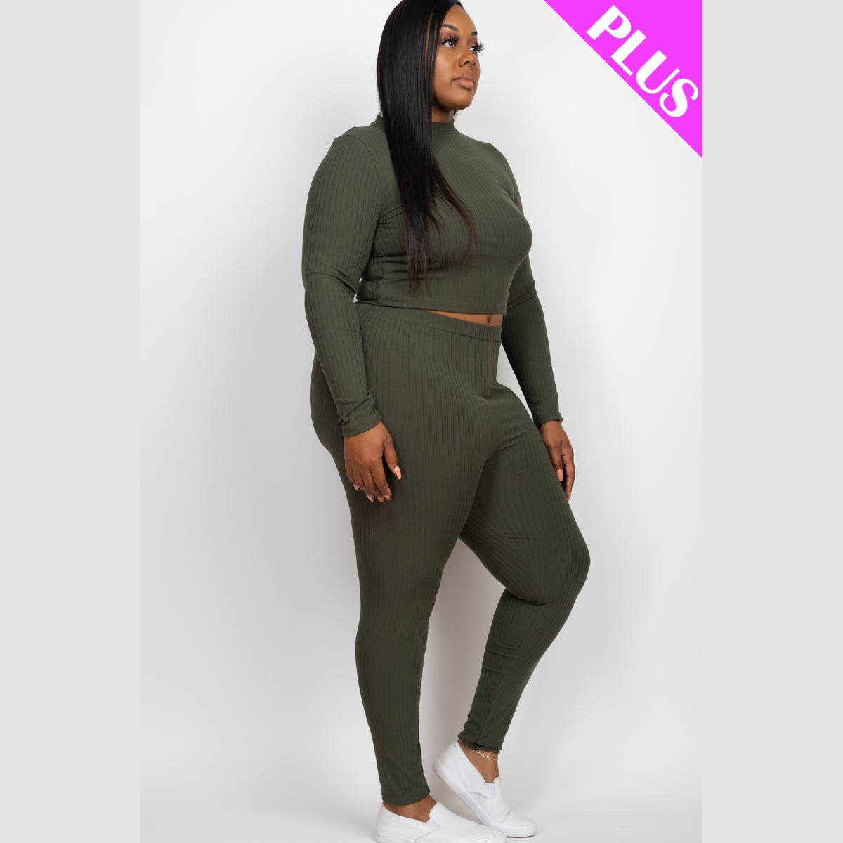 Plus Size Ribbed Mock Neck Long Sleeve Top & Leggings Set